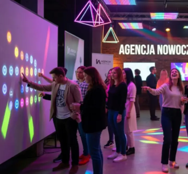 Fotorelacja z eventu: uśmiechnięci uczestnicy, kolorowe światła i strefa gier.