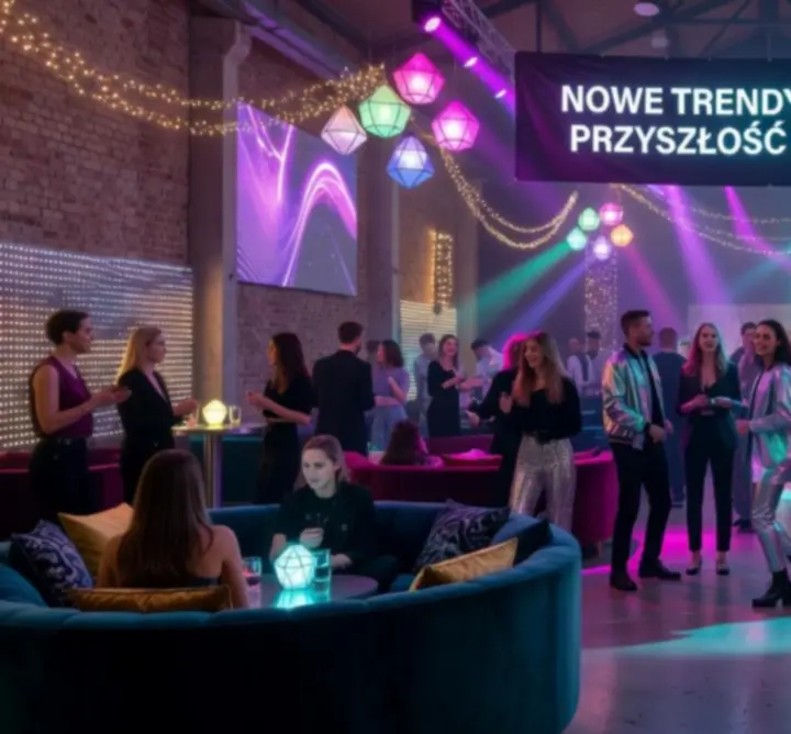 Nowoczesna przestrzeń eventowa w Polsce z dynamicznym oświetleniem i uczestnikami w trakcie integracji.