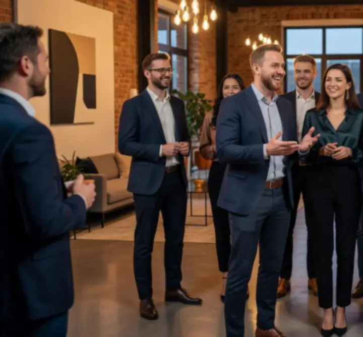 Grupa uśmiechniętych gości dzielących się opiniami po wydarzeniu Event Pulse Collective